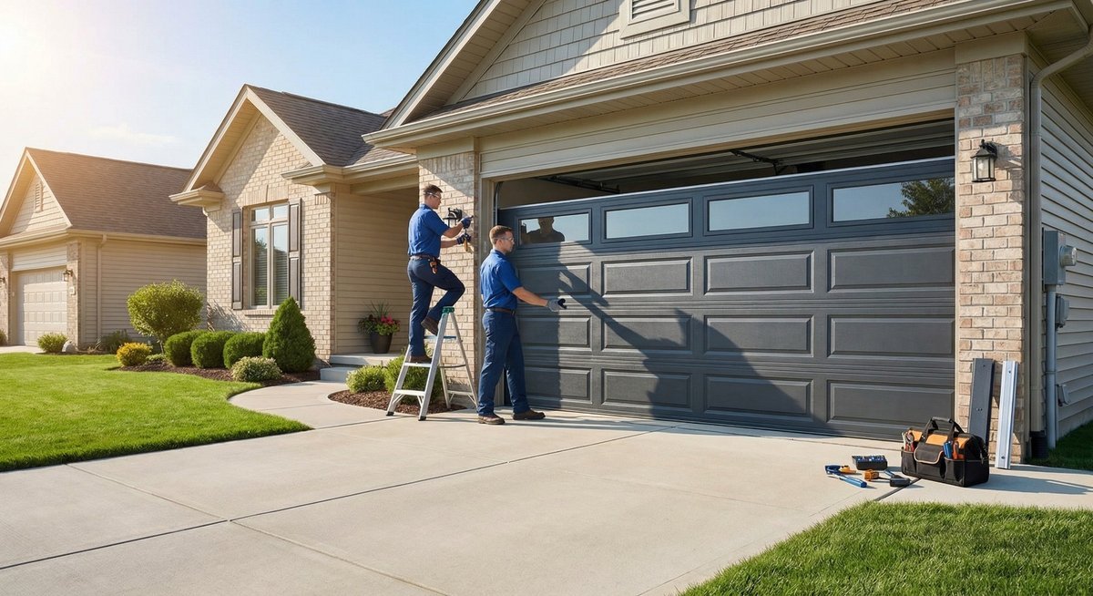 Two technicians working at the front of a gray garage door on a suburban driveway