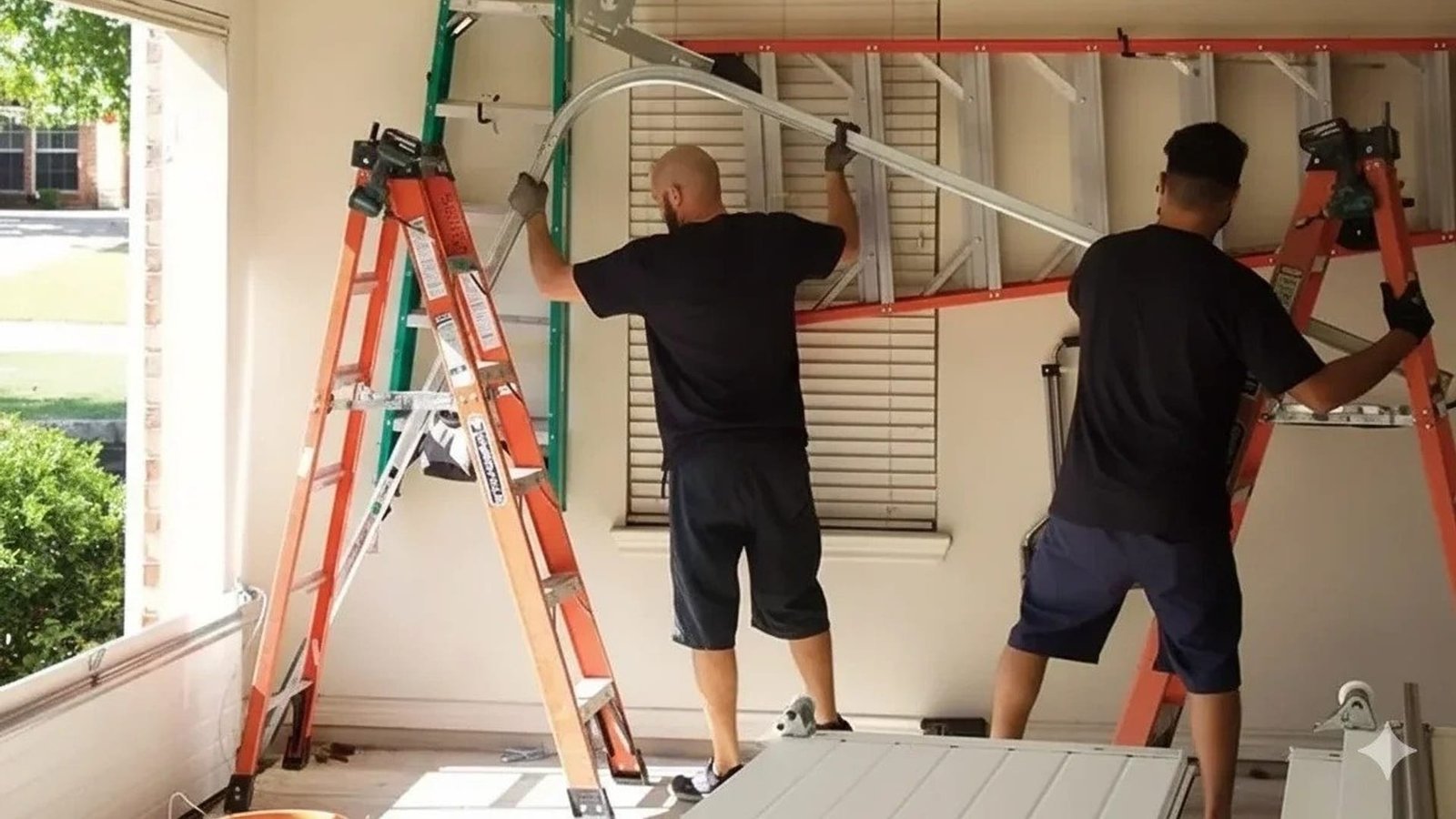 Two technicians on orange ladders working at the ceiling of a garage