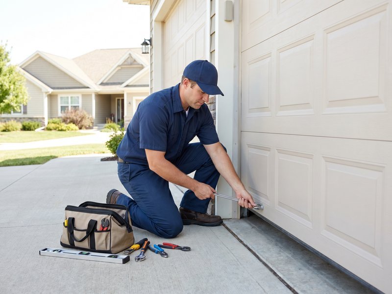 Technician in a navy uniform kneeling at the base of a white garage door with a tool bag