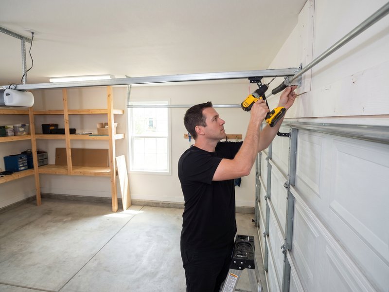Technician using a drill to secure an overhead garage-door opener rail