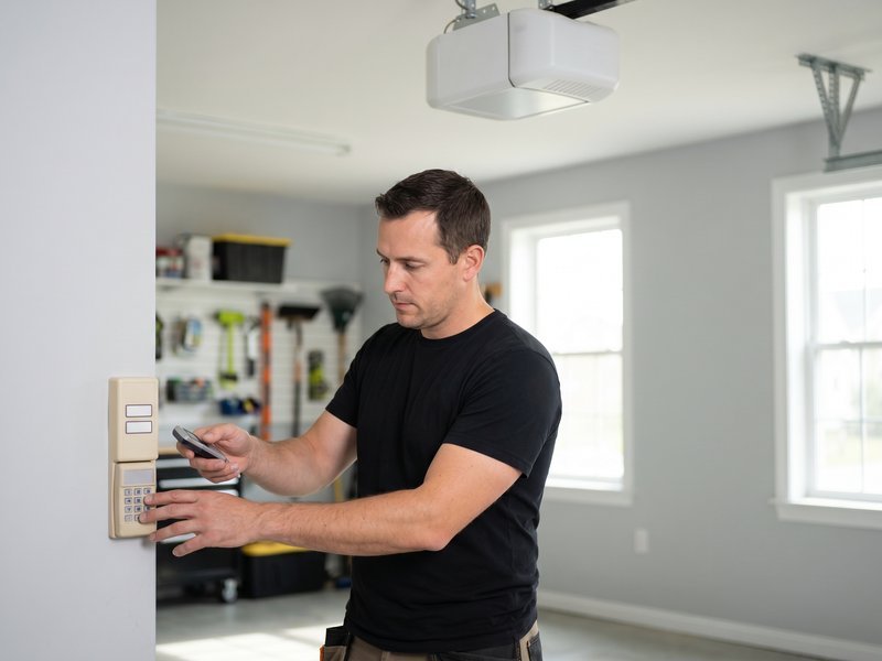 Technician mounting a wall control button beside the garage door