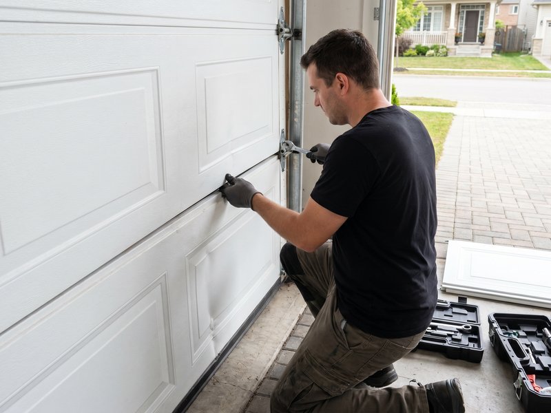 Technician in gloves kneeling at the edge of a white garage door panel beside the track