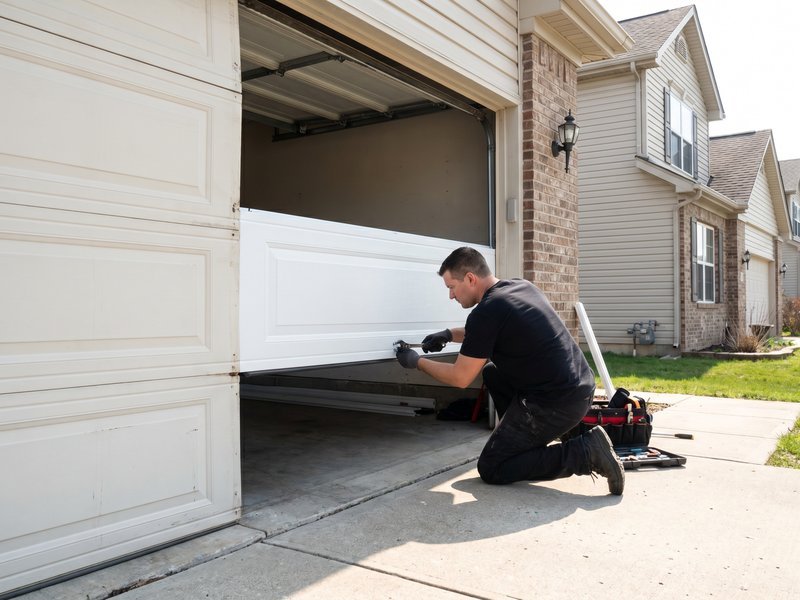 Technician fitting a white panel into the open garage door of a suburban house