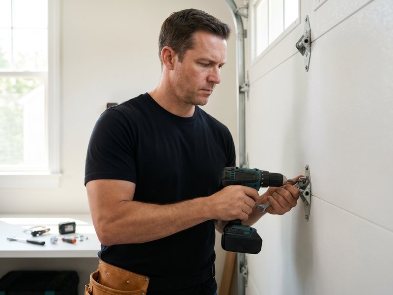 Technician fastening a bracket to a white sectional garage door