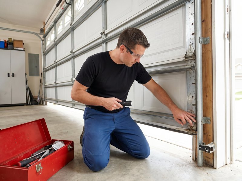 Technician kneeling at a garage door beside a red toolbox, adjusting the bottom section