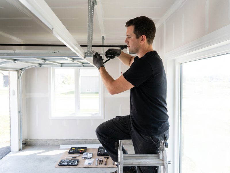 Technician crouched on a ladder tightening hardware at the top of a garage door track