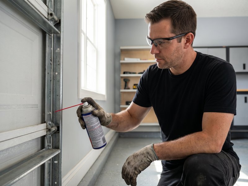 Technician in work gloves spraying lubricant along a garage door track
