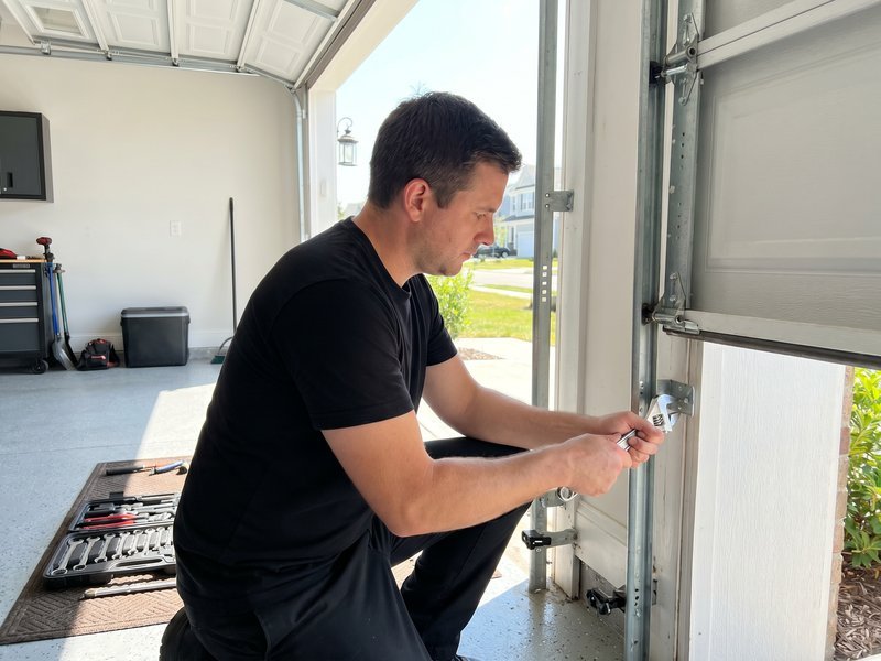 Technician spraying lubricant on the hinges and track of a garage door