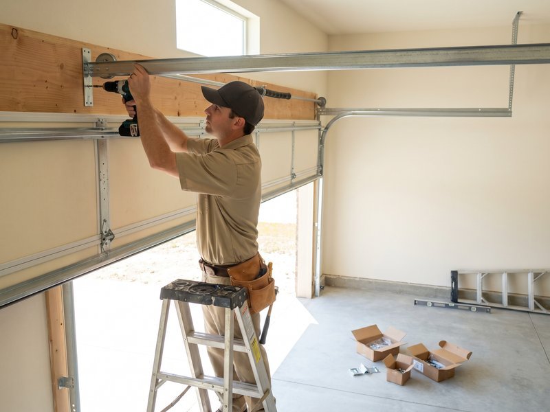 Installer on a ladder reaching up to the header of a garage door opening, hardware boxes below