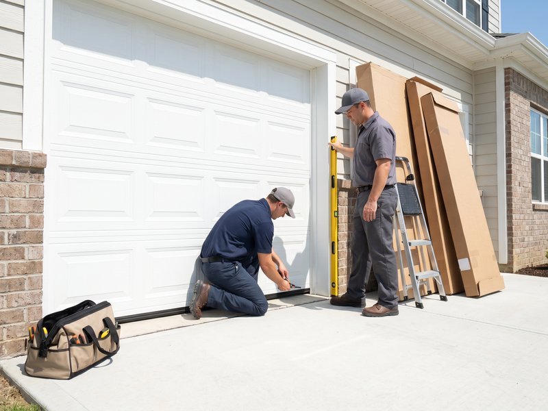 Installer kneeling beside a white garage door with a tool bag, new door sections stacked at the right